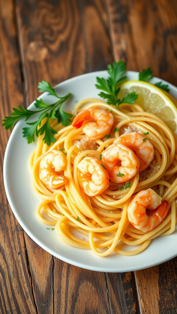 Garlic Butter Shrimp Pasta Recipe Garlic butter shrimp pasta with shrimp, spaghetti, parsley, and lemon.